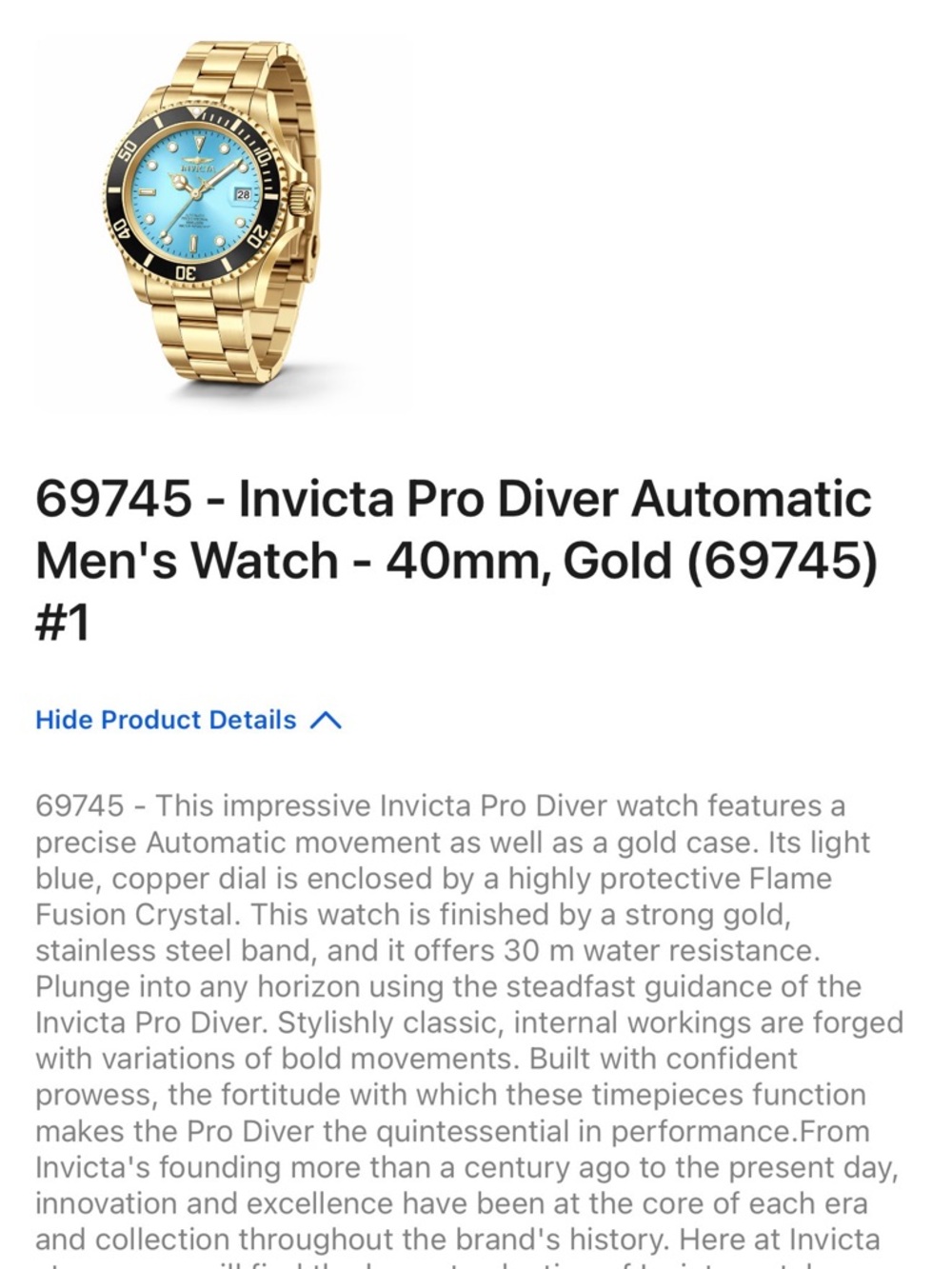Invicta automatic Gold Watch with Light Blue Dial